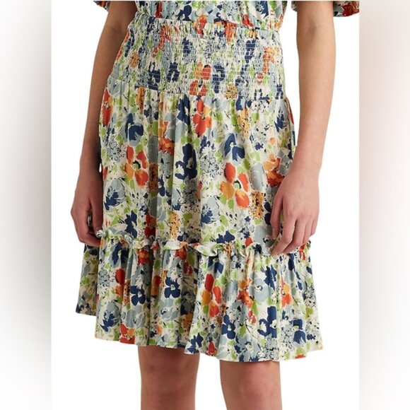 LAUREN RALPH LAUREN LINEN Blend BLACK LABEL Floral Smoked Waist A-Line Skirt XXL